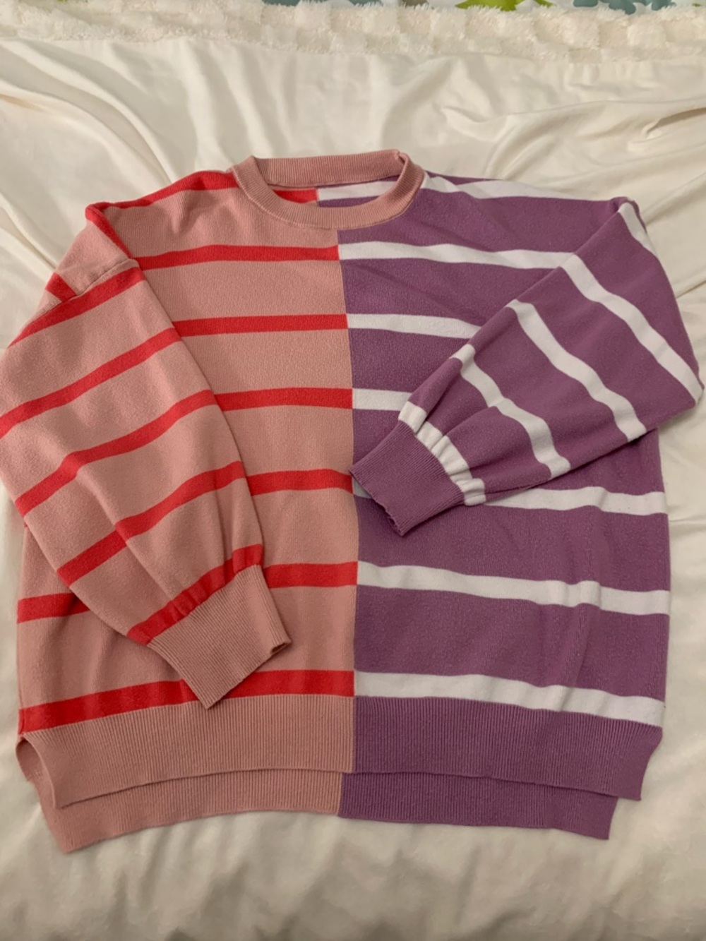 Colorblock Striped Crewneck Sweater - Pink & Purple